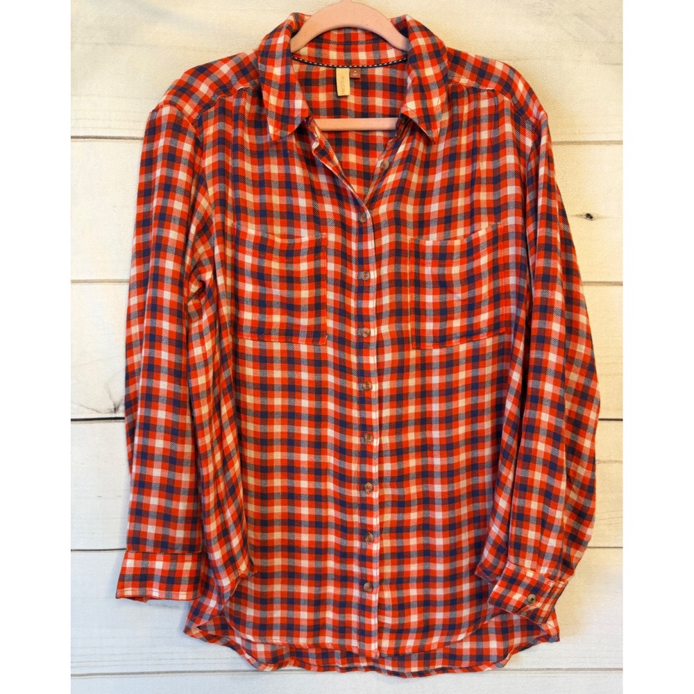 Pilcro Anthropologie Red Navy Gingham Plaid Wool Blend Button Down Shirt M